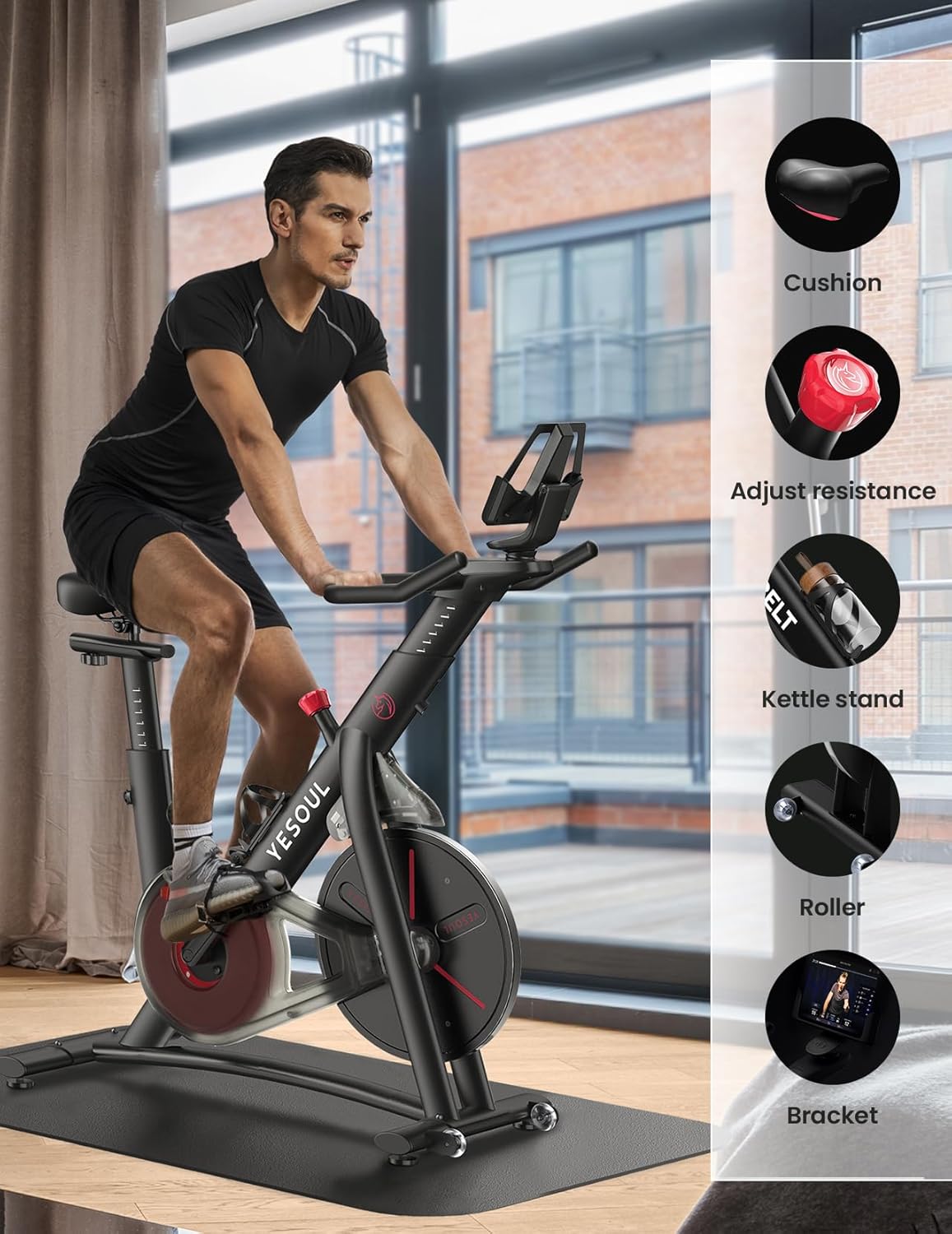 Yesoul Black Exercise Bike for Home,Smart White Cycling Bike Magnetic Stationary Bike, Low Noise Indoor Cycling Bike for Home Gym Electric Stationary Bike with Tablet Mount & Comfortable Seat Cushion for Women Apartment Workout Bike for Fitness - Image 6