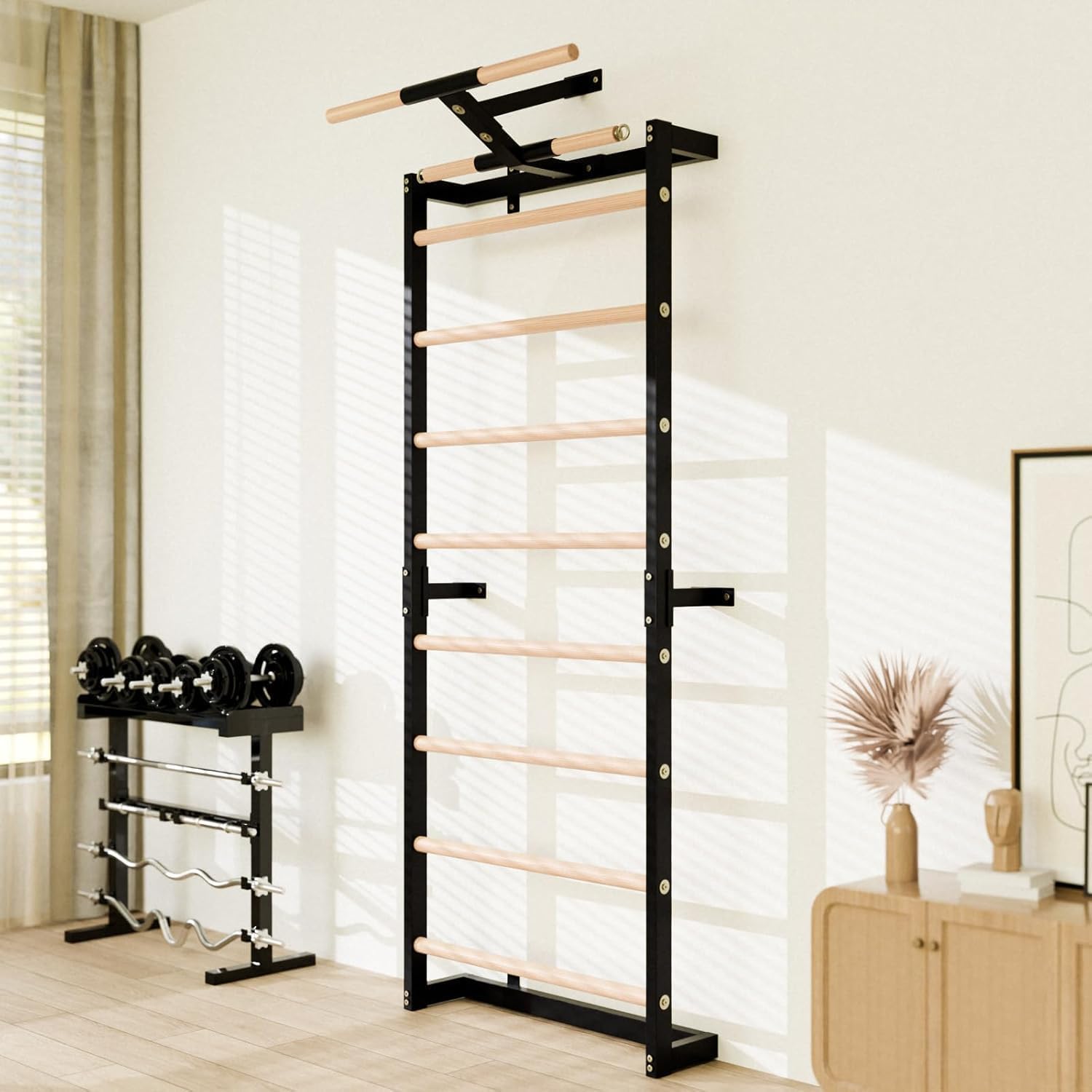 Swedish Ladder, Wood Stall Bars Suspension Trainer with Pull-Up Bar & Rings for Straps, Swedish ladders Wall Gym Adult, Wall-Mounted Workout Ladder for Home, Gym, School - Image 7