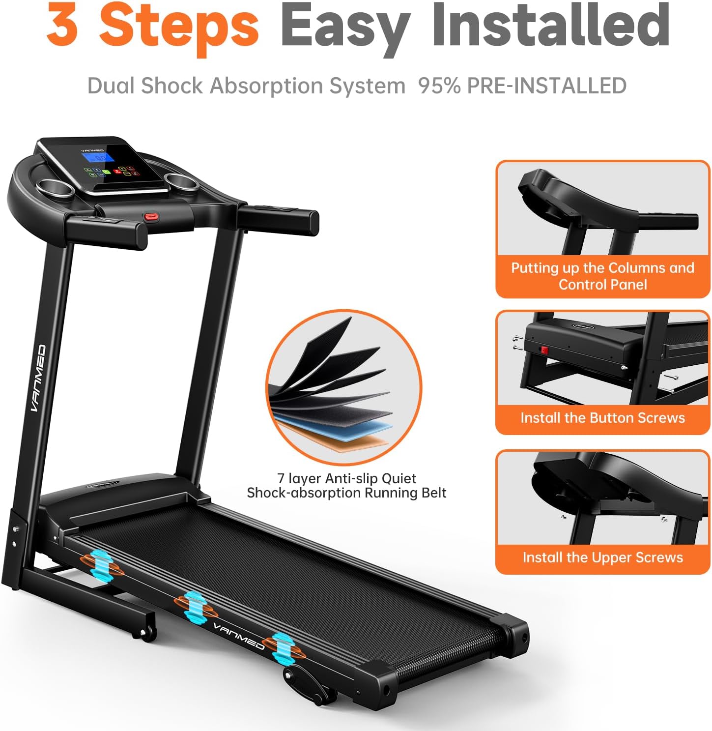 Treadmill for Home, 3-Level Manual Incline, 3.25HP Walking Jogging Running Machine, 320LBS Weight Capacity, 7.6 MPH Max Speed, Compact Portable Treadmills for Home Small/Office - Image 5