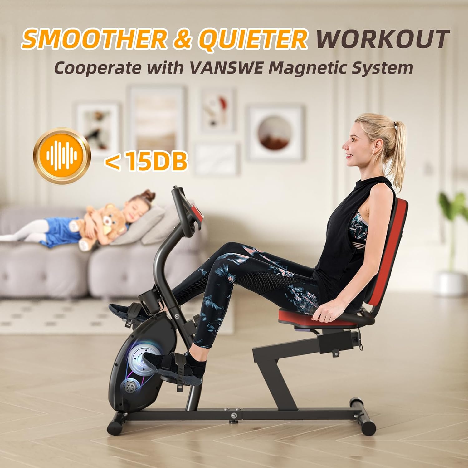 VANSWE Recumbent Exercise Bike, Recumbent Stationary Bikes for Home 400 LBS Weight Capacity, Exercise Bike for Home Seniors with Smart App and Bluetooth Connectivity, LED Display, Pulse Handle - Image 4