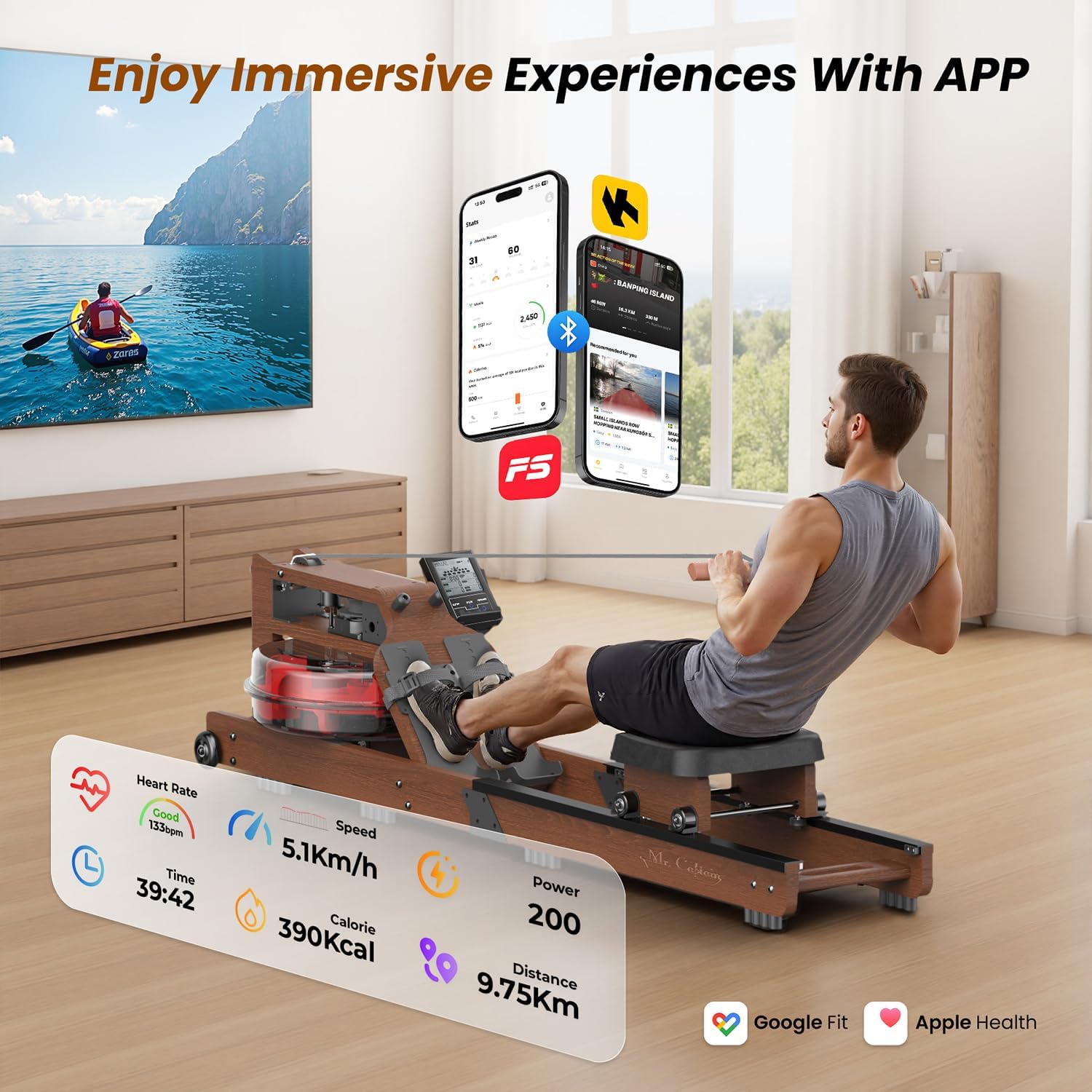 Water Rowing Machine for Home Use- Foldable Rower Machine 400LBS Weight Capacity with Dedicated Monitor & Comfortable Seat, Bluetooth APP - Image 3