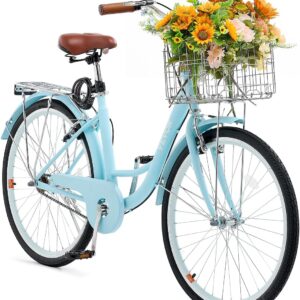VEVOR Women Bike, 7-Speed and 1-Speed, 24-26 Inch Pink and Light Blue Beach Cruiser Bike, with Large Capacity Basket and Rear Rack, Adjustable Seat, Fits for Cycling, Exercise & Shopping