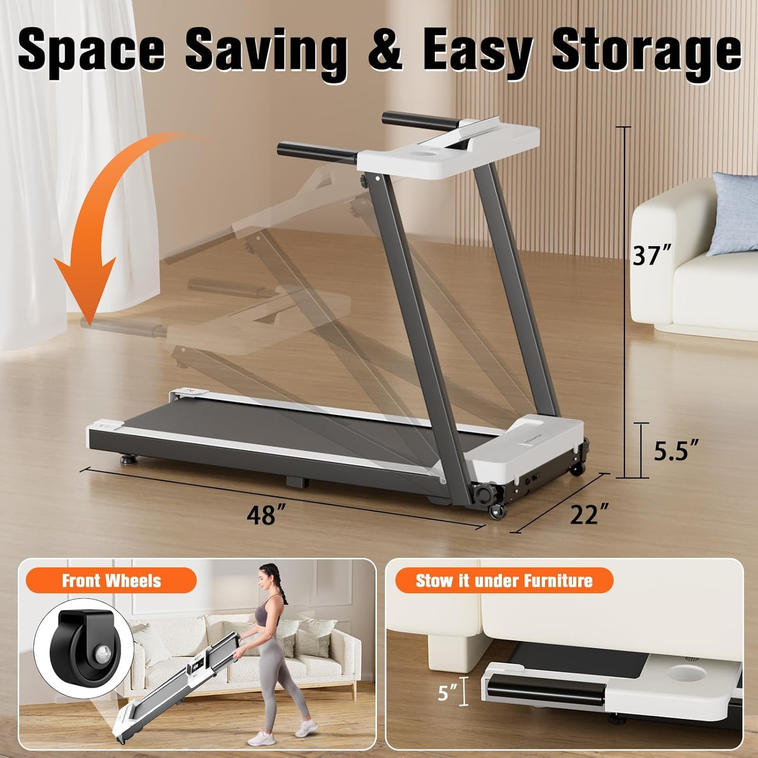 Folding Treadmill, 300LBS Capacity Compact Running Machine with LED Display, 3.0HP for Walking, Jogging & Running, Portable Treadmills for Home & Office Use - Image 7