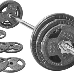 Barbell Weight Set, Cast Iron 1″ Standard Weight Plates Including 5FT Standard Barbell Bar & Star Locks, 45 Pounds Set (35 Lbs Plates + 10 Lbs Barbell Bar), Multiple Packages