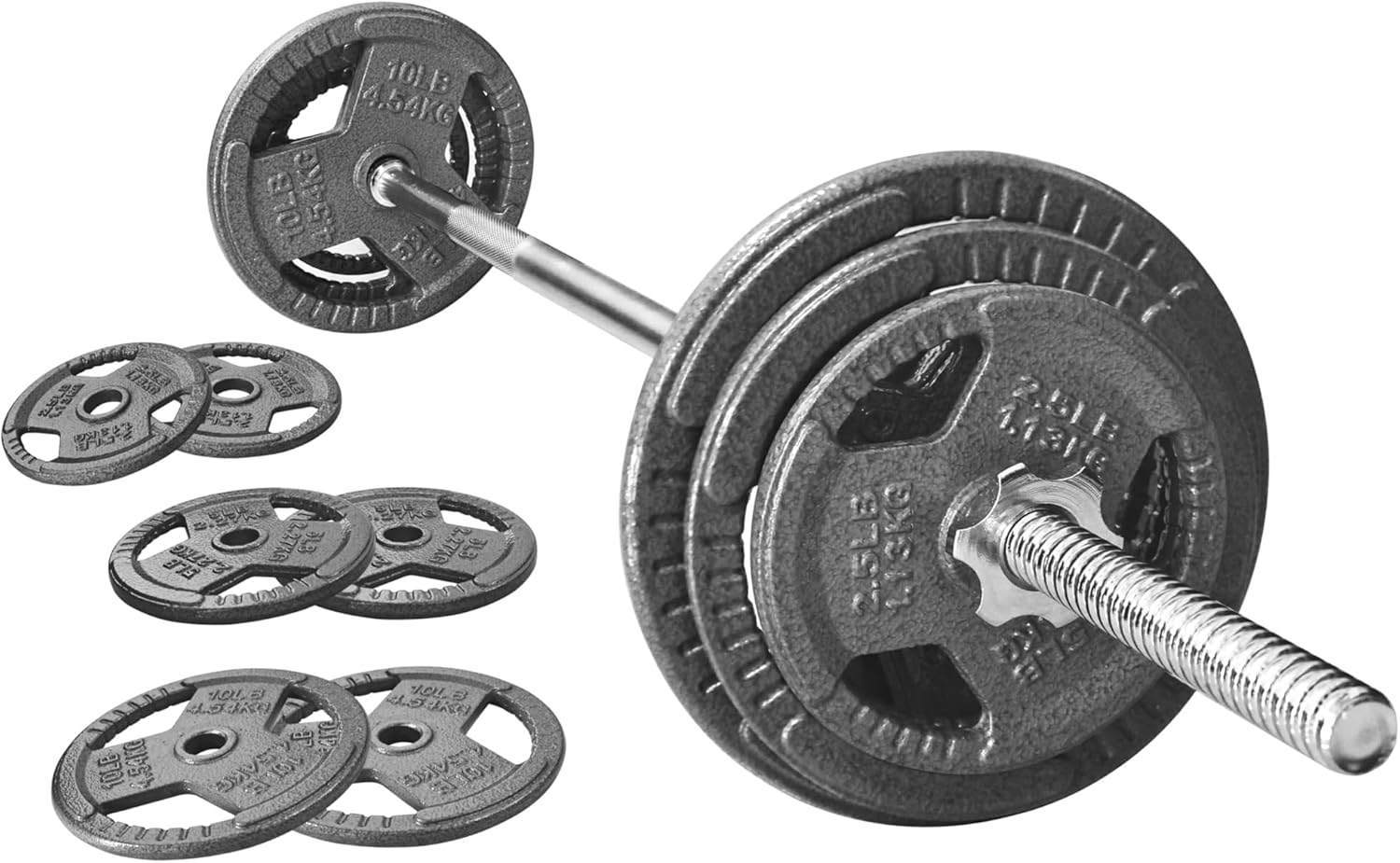 Barbell Weight Set, Cast Iron 1" Standard Weight Plates Including 5FT Standard Barbell Bar & Star Locks, 45 Pounds Set (35 Lbs Plates + 10 Lbs Barbell Bar), Multiple Packages