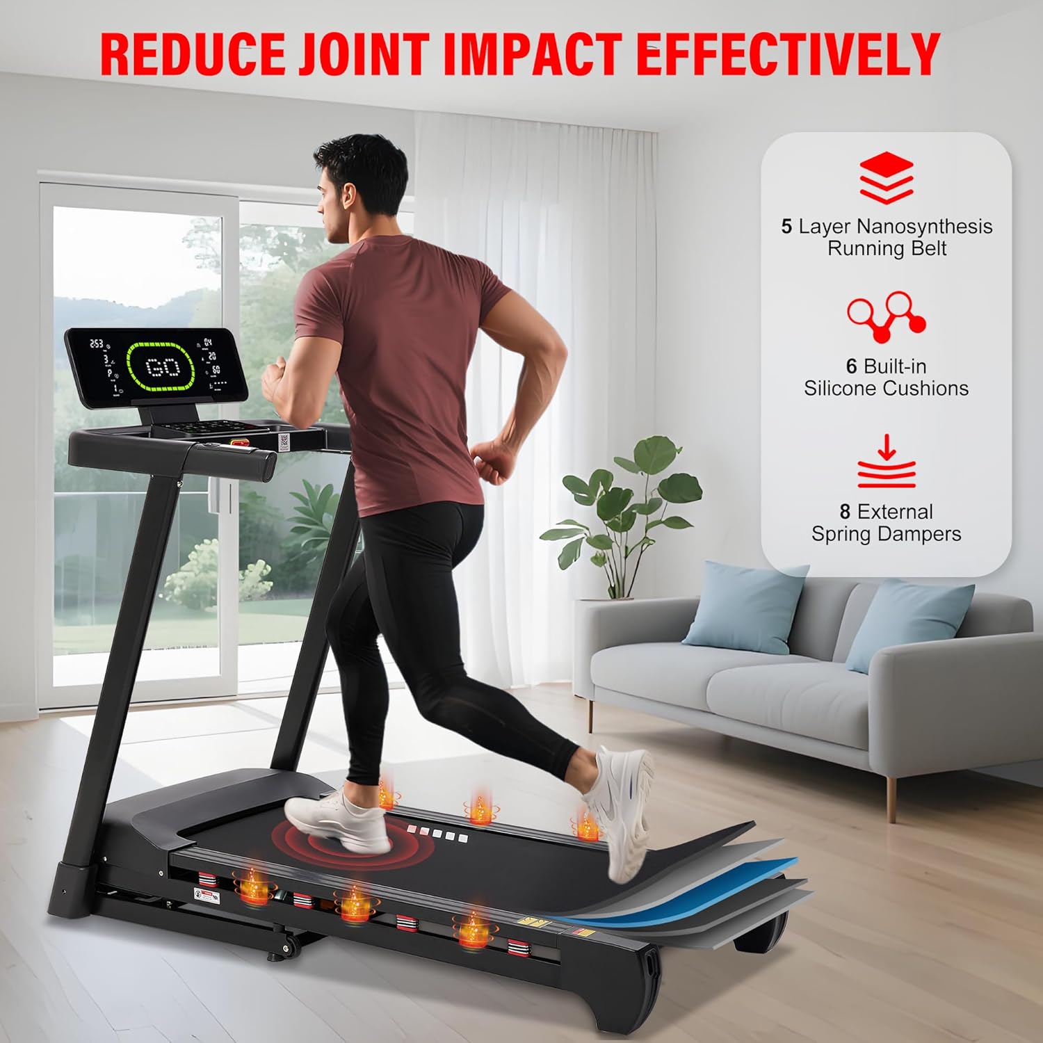 ECHANFIT Heavy Duty Treadmill for Home, 20% Auto Incline Treadmill 400 LB Capacity, 20" Wide Deck, 0.6-12 MPH, LED Display, Bluetooth Speaker, Foldable with App - Image 5