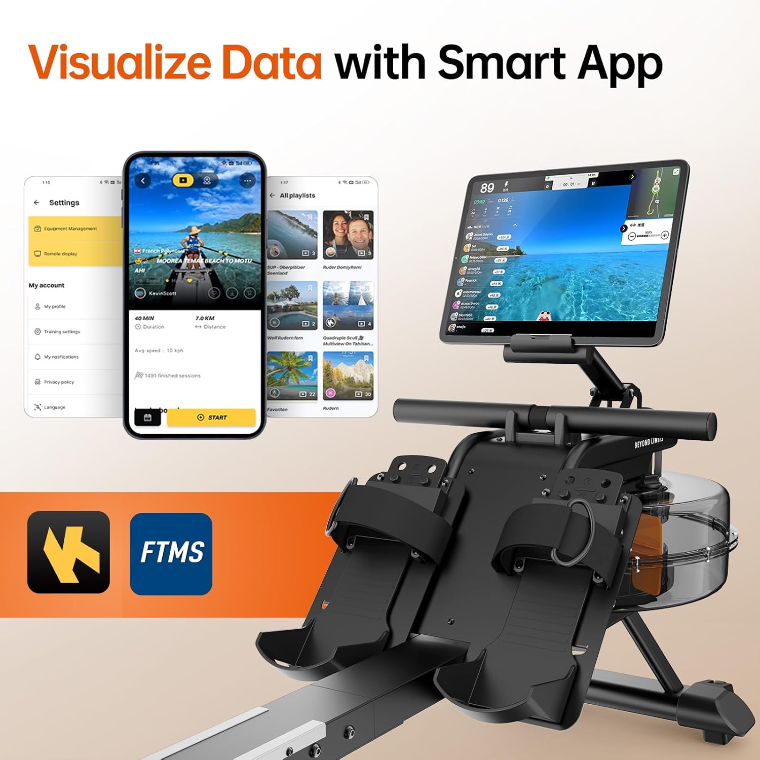 YAMO Water Rowing Machine for Home, Row Machine with 330LB Weight Capacity, Support Bluetooth & Compatible with Apps, Water Row Machine with Comfortable Seat and Tablet Holder - Image 8