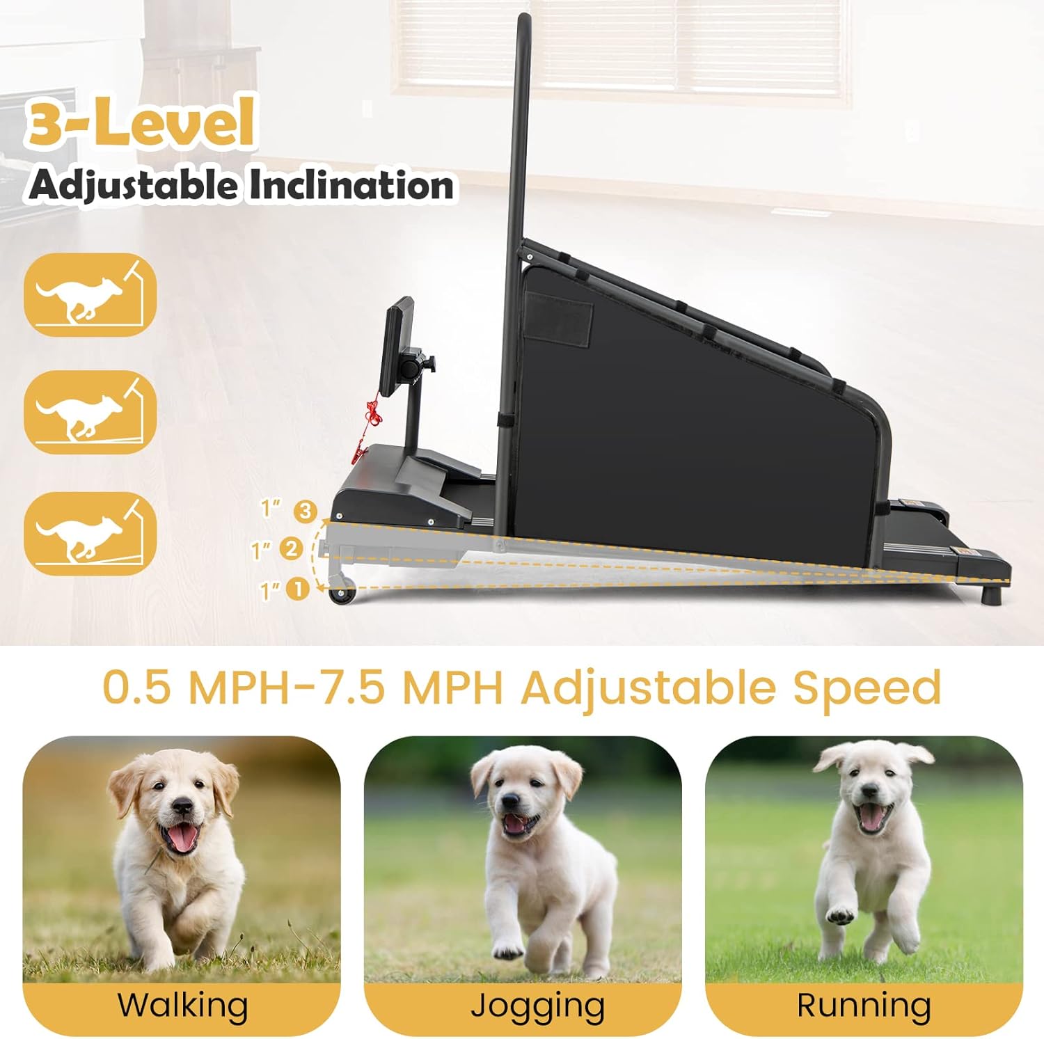 GYMAX Dog Treadmills for Small/Medium Dogs - 220 LBS Pet Runner with 65.5 FT Remote, Rotatable LCD Monitor, Adjustable Incline, 3 Countdown Modes & Wheels, Dog Running Machine for Indoor Exercise - Image 3