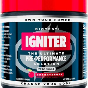 Biotest Igniter – The Overbuilt Pre-Workout, 20 Servings – 8.5g Citrulline Malate/Nitrate, 3.5g Beta-Alanine, 2.5g Betaine, 2g Tyrosine, 600mg Alpha-GPC, 300mg Uridine, 350mg Caffeine – CherryBerry