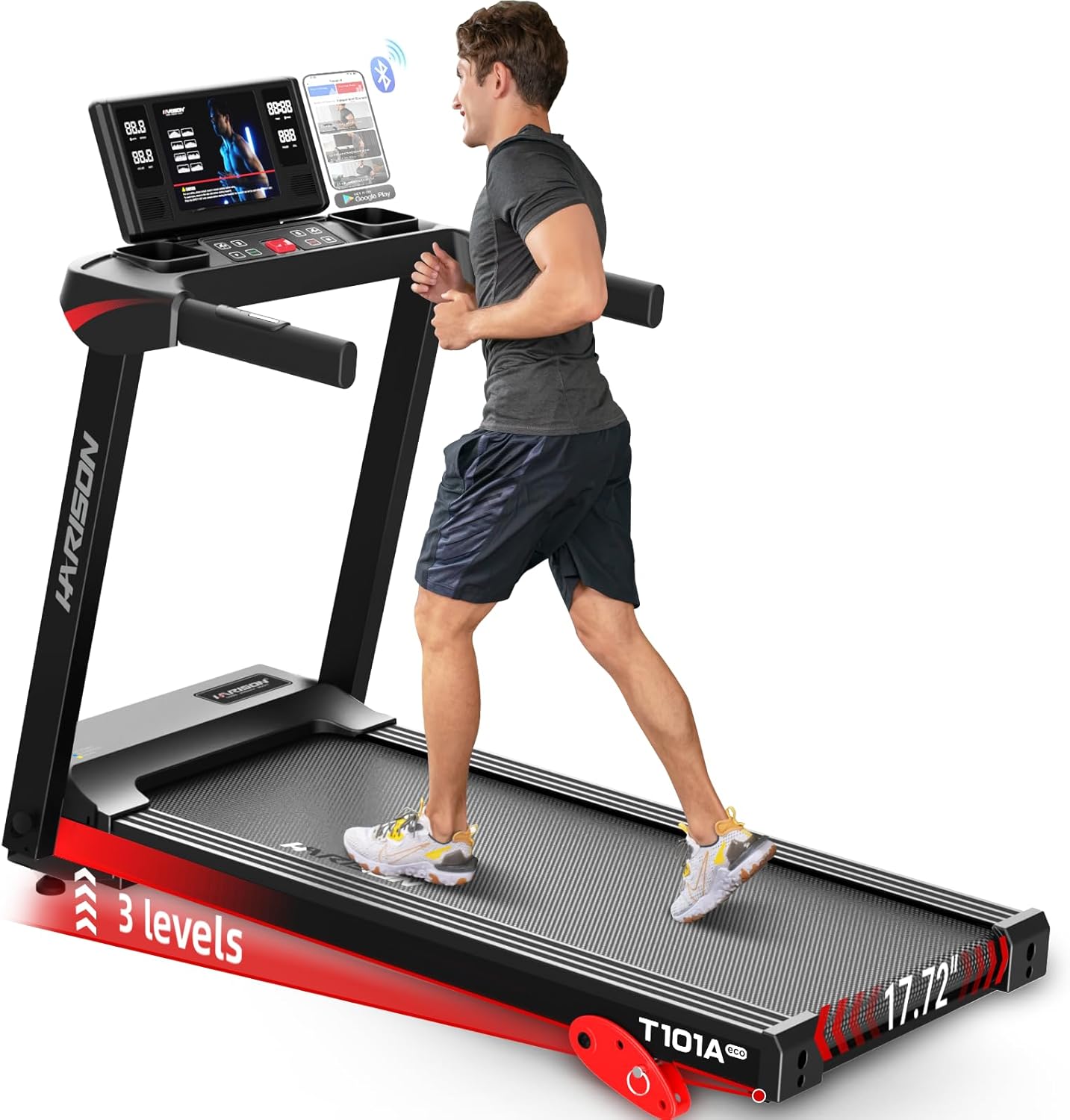 HARISON Treadmill for Home with Incline, Treadmill for Seniors with 3.0HP, Running Machine with 300 lbs Weight Capacity, 17.72" Wide Tread Belt, HARISON APP and Bluetooth Speaker