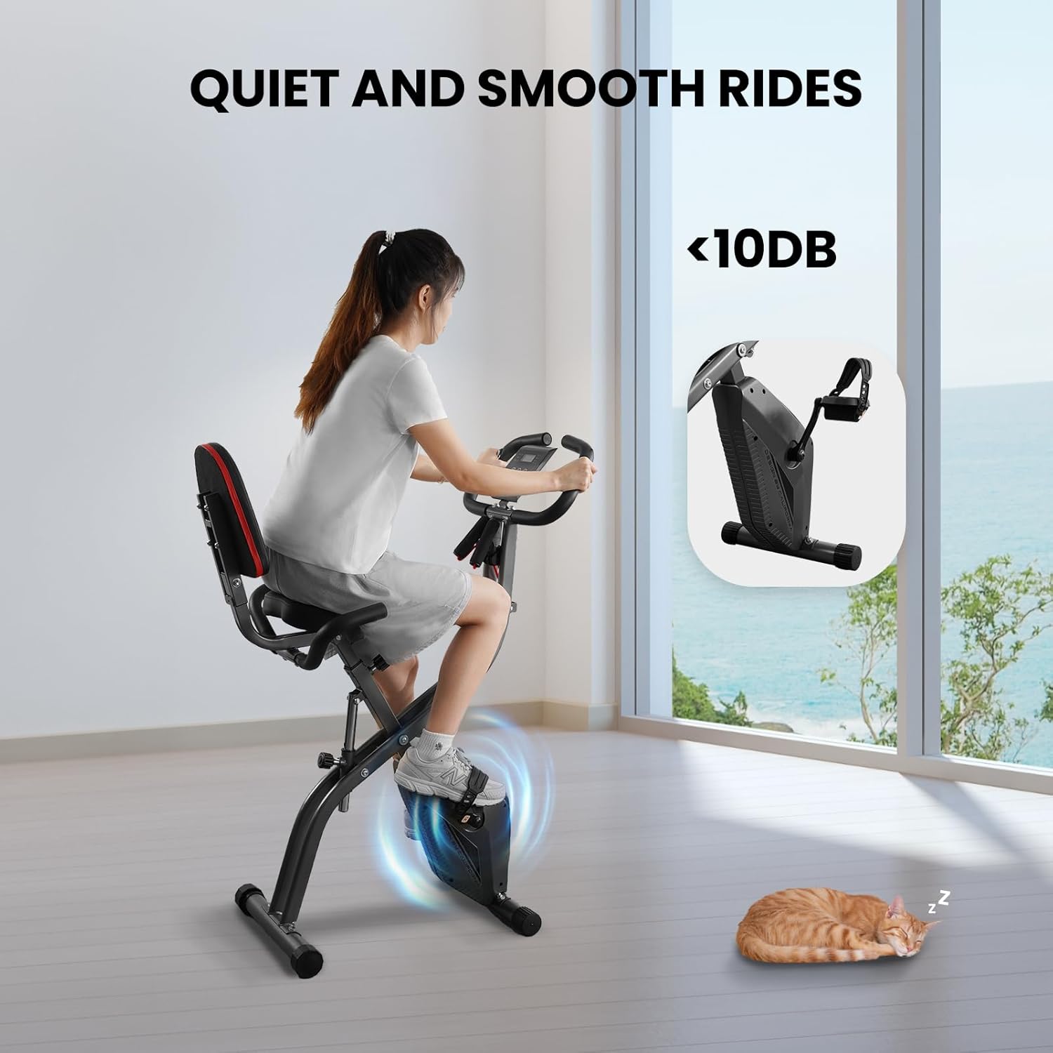 Exercise Bike Stationary Bike Folding Exercise Bike with 10 Level Adjustable Magentic Resistance Support Back Pad and Phone/Tablet Holder Arm Resistance Band Pulse Sensor LCD Monitor for Home Workout 265 LB Capacity - Image 6