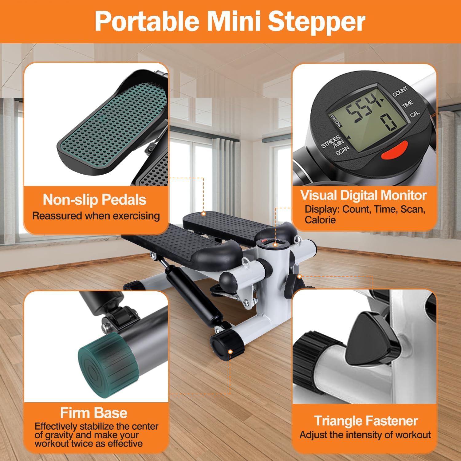 Stepper for Exercise at Home, Stair Stepper with 2 Resistance Bands, Mini Stepper with 300LBS Loading Capacity & LCD Monitor, Super Quiet Hydraulic Fitness Steppers Full Body Workout Machine - Image 3