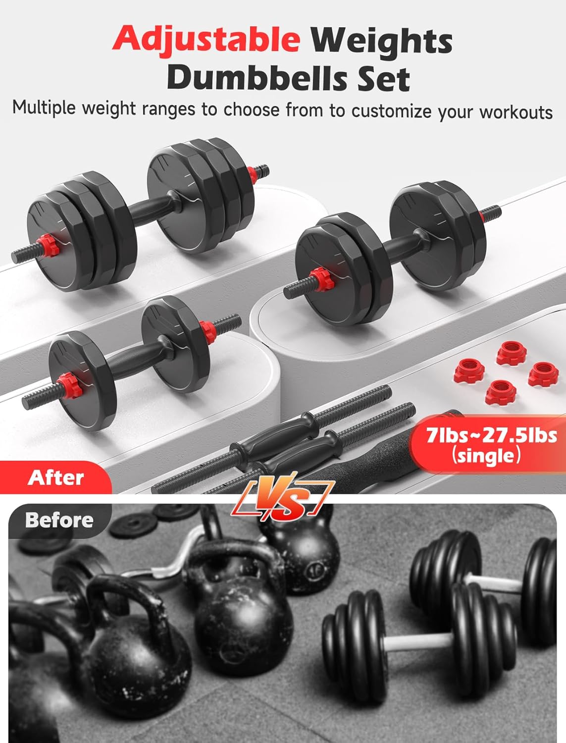 Adjustable Dumbbells, 20/30/40/55/60/70/80/90lbs Free Weights Dumbbells Convertible 2 or 3 in 1 Set Used as Barbell, Kettlebells, A Pair of Lightweight for Home Gym - Image 6