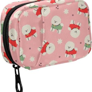 Fustylead Cute Cartoon White Fluffy Bichon Frise Dog Wearing Sweater Pill Organizer for Purse, Weekly Portable Pill Box with Zipper to Storage Vitamins Fish Oils Medications Supplements