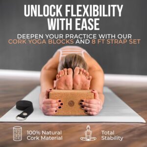 Cork Yoga Blocks 2 Pack with Strap- 9x6x3 Inch Natural Yoga Block Set of 2- Pilates Props and Accessories – High Density Cork Bricks For Exercise