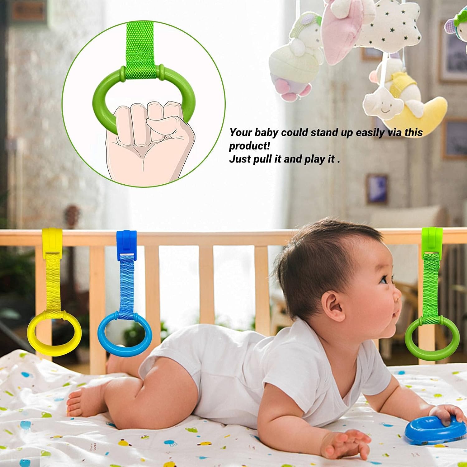 codree 8PCS 4 Colors Baby Playpen Pull up Rings- Baby Crib Pull up Rings- Baby Walking Exercises Assistant Rings- Baby Bed Stand Up Rings Baby Cot Hanging Rings for Infant Baby Toddler - Image 4