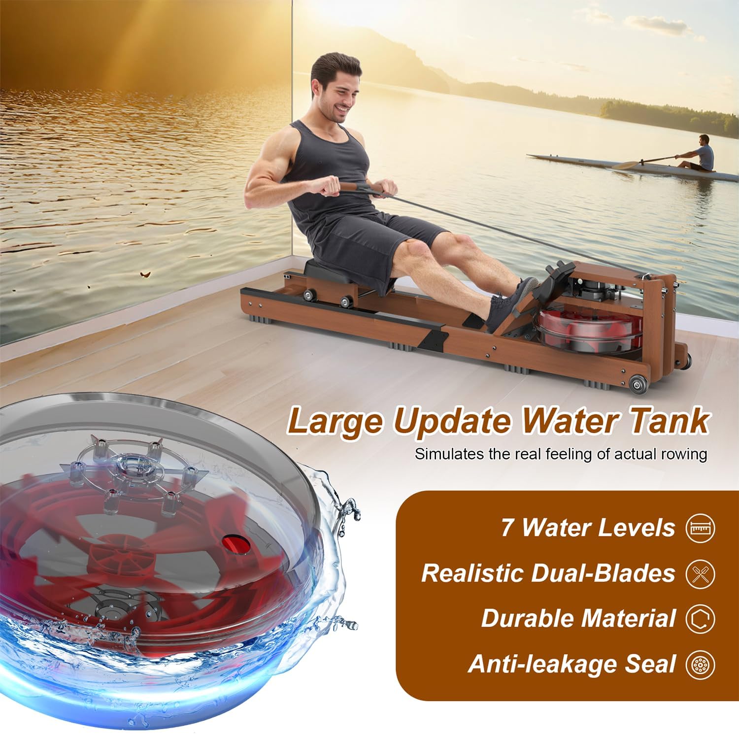 Water Rowing Machine for Home Use- Foldable Rower Machine 400LBS Weight Capacity with Dedicated Monitor & Comfortable Seat, Bluetooth APP - Image 4