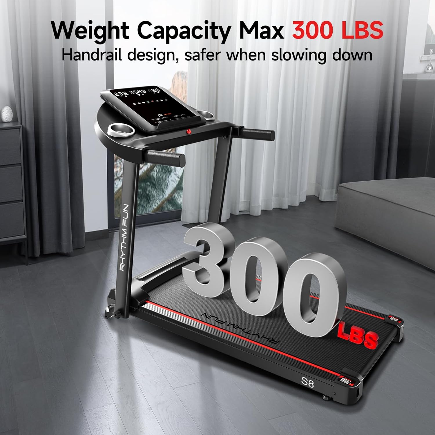 RHYTHM FUN Treadmill with Incline, 8.0 MPH Treadmills for Home with 8% Incline, Foldable Treadmill with Handles, Low Noise Walking Pad for 300 lbs - Image 7