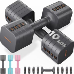 FEIERDUN 5-in-1 Adjustable Dumbbell Set of 2, 20LBS/10LBS Hand Weights for Women, 1s-Adjust Dual-Stable Dumbbell Set for Women Home Gym & Outdoor