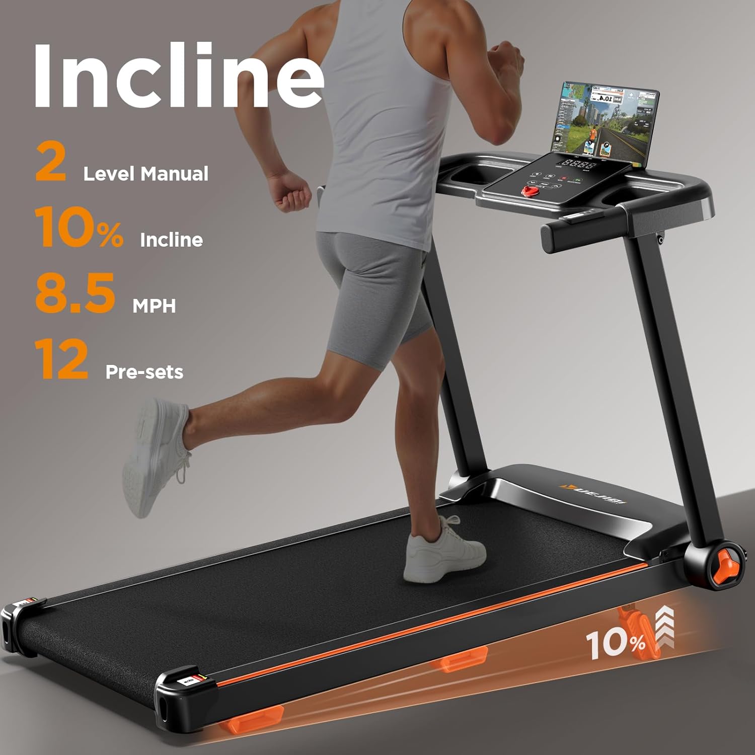 Treadmills for Home, 3.0HP Quiet Brushless Foldable Treadmill with Incline, Small Space Portable Running Walking Machine, 300/240 Lbs Capacity with 12 Preset PROG, LED Display and Phone Holder - Image 4