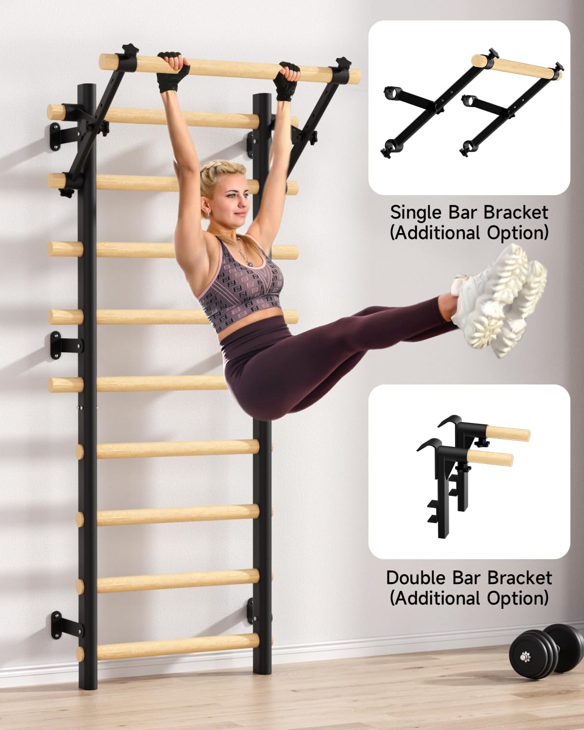 Swedish Ladder Wall Gym, Wooden Wall-Mounted Stall Bars with Pull-up Bar & Exercise Straps & Dip Bars, Stretching Ladder Full Body Home Gym Adults New - Image 8