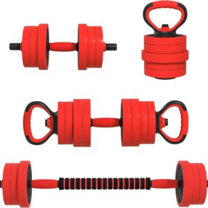Soozier Adjustable Dumbbell Sets, 4 in1 Weights Dumbbells Set Used as Barbell, Kettlebells, Push up Stand, Free Weight Set for Men and Women Home Gym Training, Red 44/55/66lbs