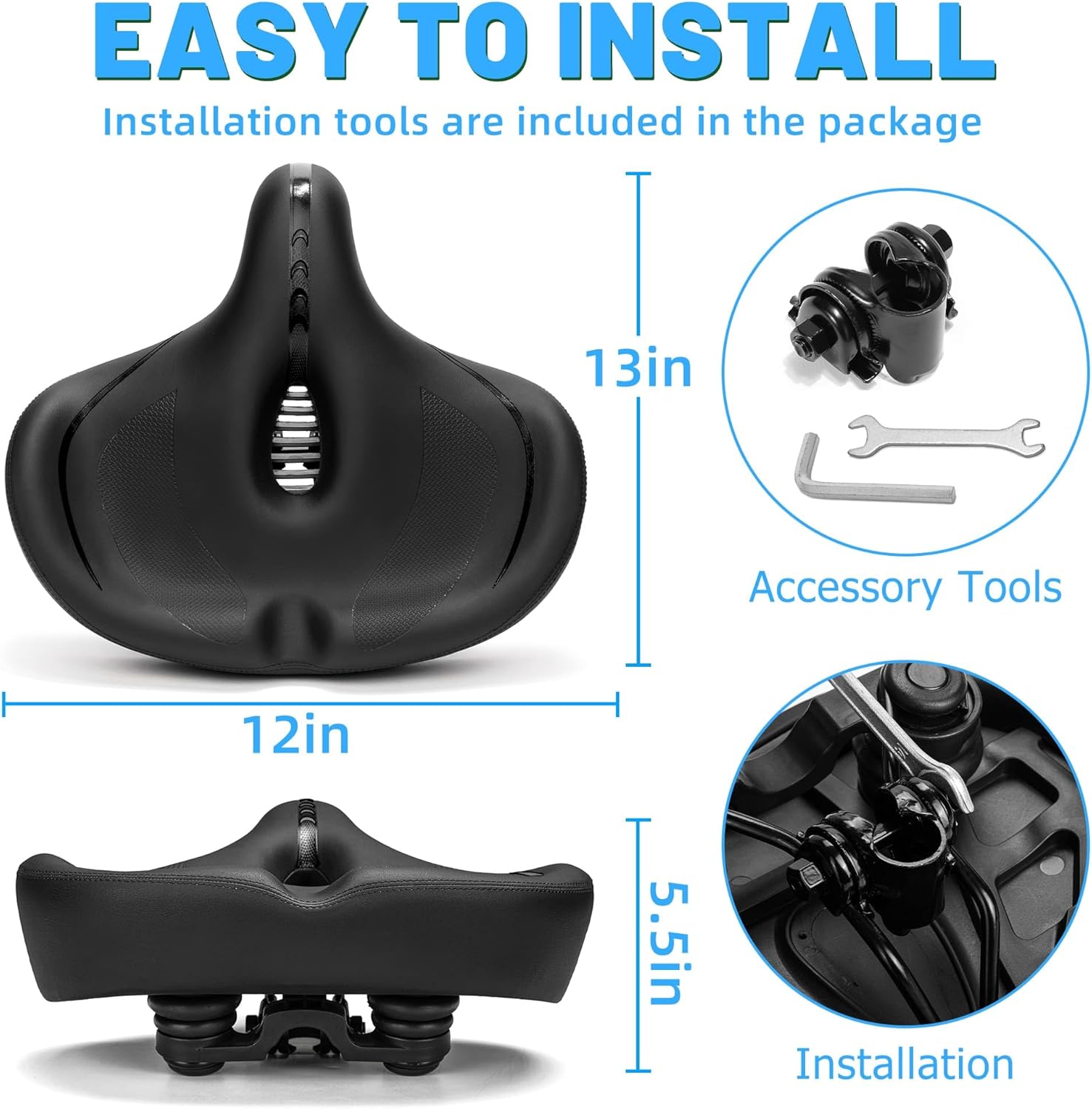 Oversized Bike Seat for Men & Women Comfort, Extra Wide Bicycle Seat Cushion, Comfortable Soft Padded, Large Replacement Saddle for Peloton, Stationary Exercise Bike, Cruiser, City Bike, Ebike - Image 7