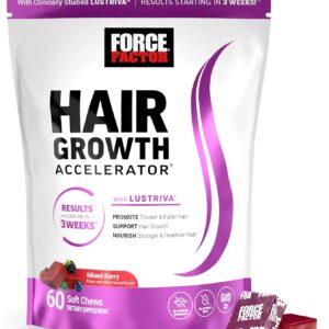 Force Factor Hair Growth Accelerator Soft Chews, Hair Growth Vitamins for Women and Men with Clinically Studied Lustriva and Biotin, Promotes Thicker, Fuller, Stronger Hair, Mixed Berry, 60 Soft Chews