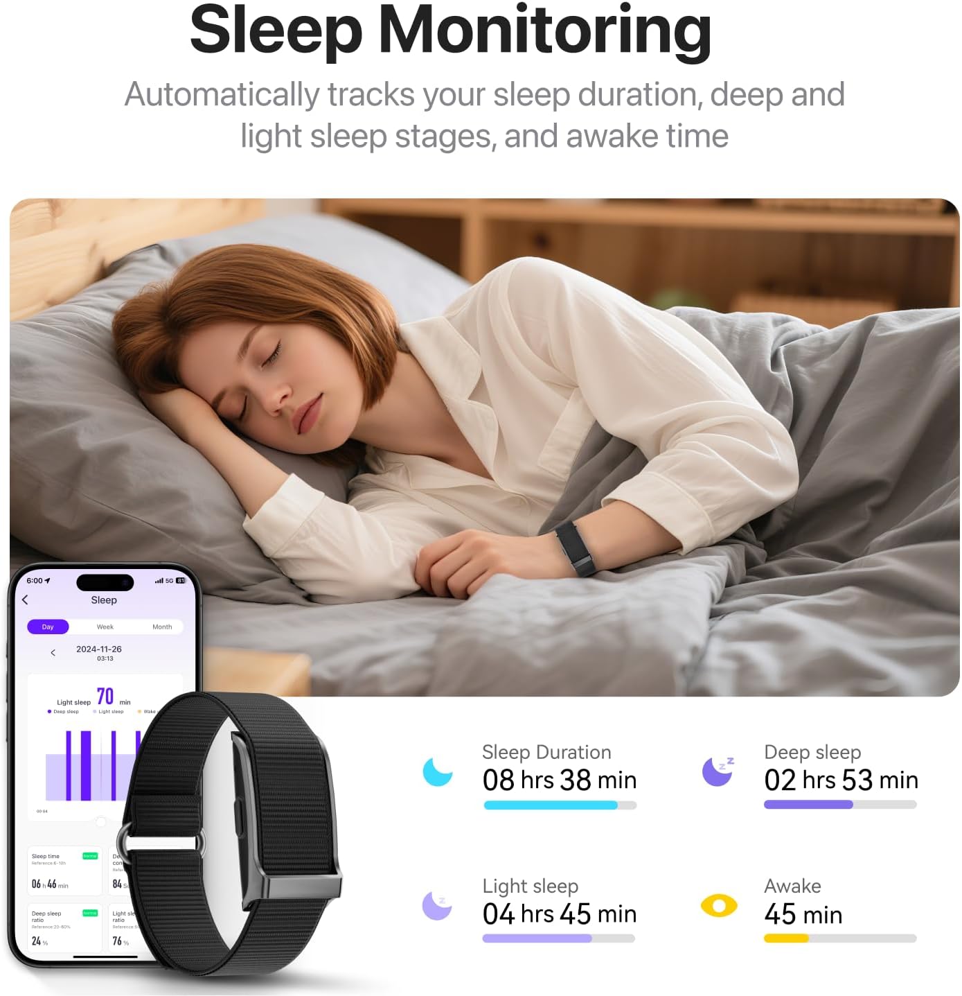 Smart Health Wristband, All-Day Continuous Monitoring, Heart Rate Tracking, Improve Sleep, Wearable Activity & Fitness Tracker, 120+ Sports Modes, 60-Day Battery, with Free App, 2 Bands Included - Image 4