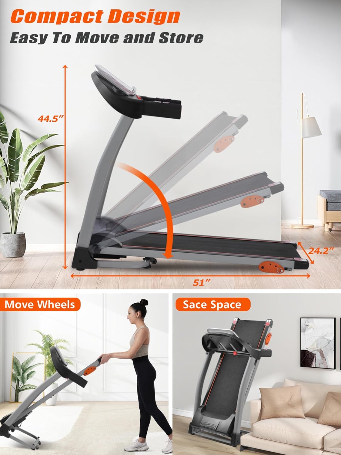 Merax Treadmills for Home,Foldable Treadmill with Incline, 300LBS Capacity Motorized Treadmills for Running Walking Exercise,3.0HP Quiet Treadmill Machine for Home with Heart Rate Sensors & Speaker - Image 7