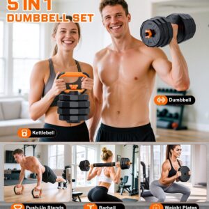 5-in-1 Adjustable Dumbbell Set, 33/44/66/88lbs Free Weights Set with Connector, Used as Kettlebells, Barbell, Push up Stand, Standard 1″ Plates, Fitness Exercises for Home Gym Suitable Women/Men