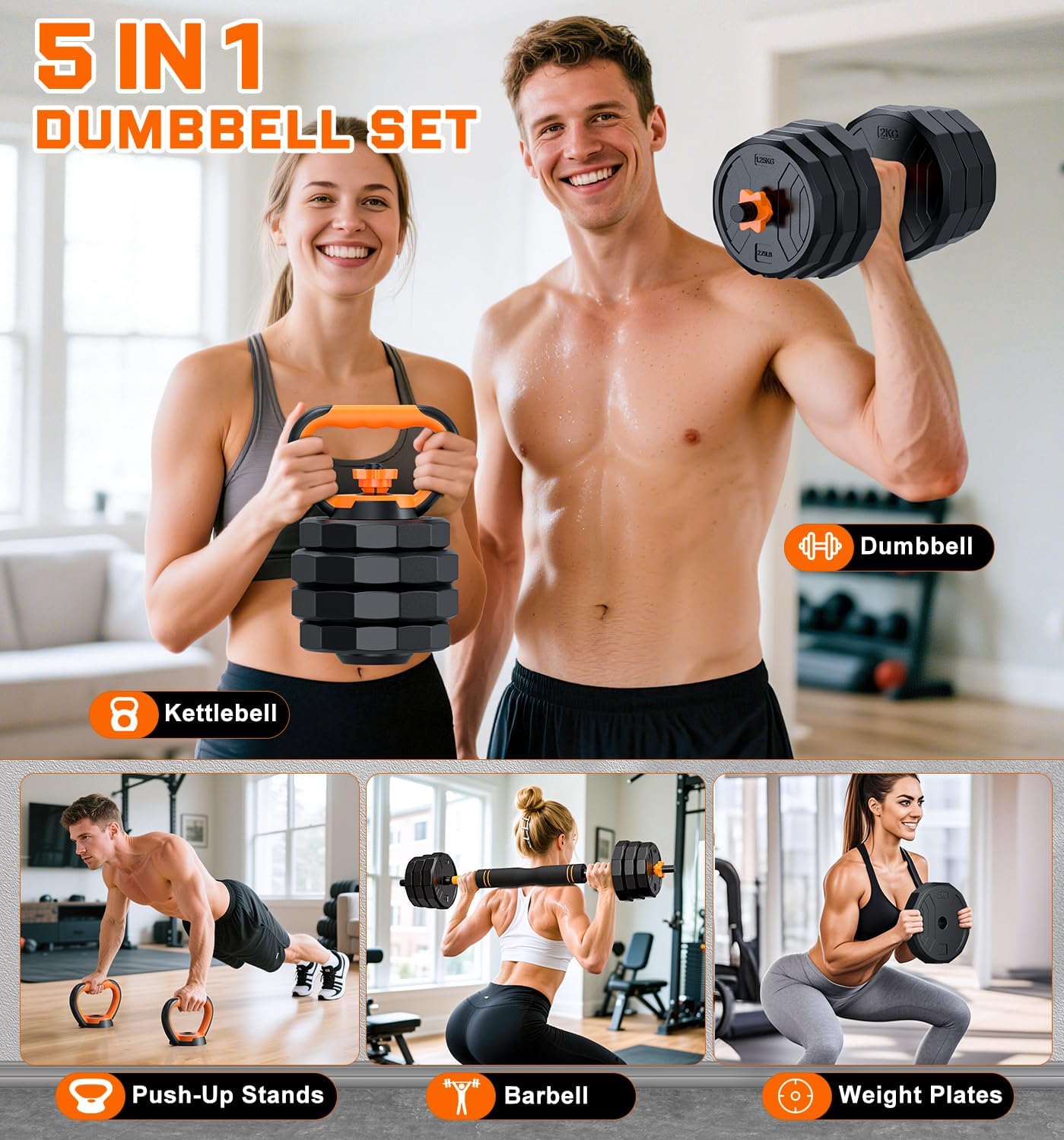 5-in-1 Adjustable Dumbbell Set, 33/44/66/88lbs Free Weights Set with Connector, Used as Kettlebells, Barbell, Push up Stand, Standard 1" Plates, Fitness Exercises for Home Gym Suitable Women/Men - Image 2