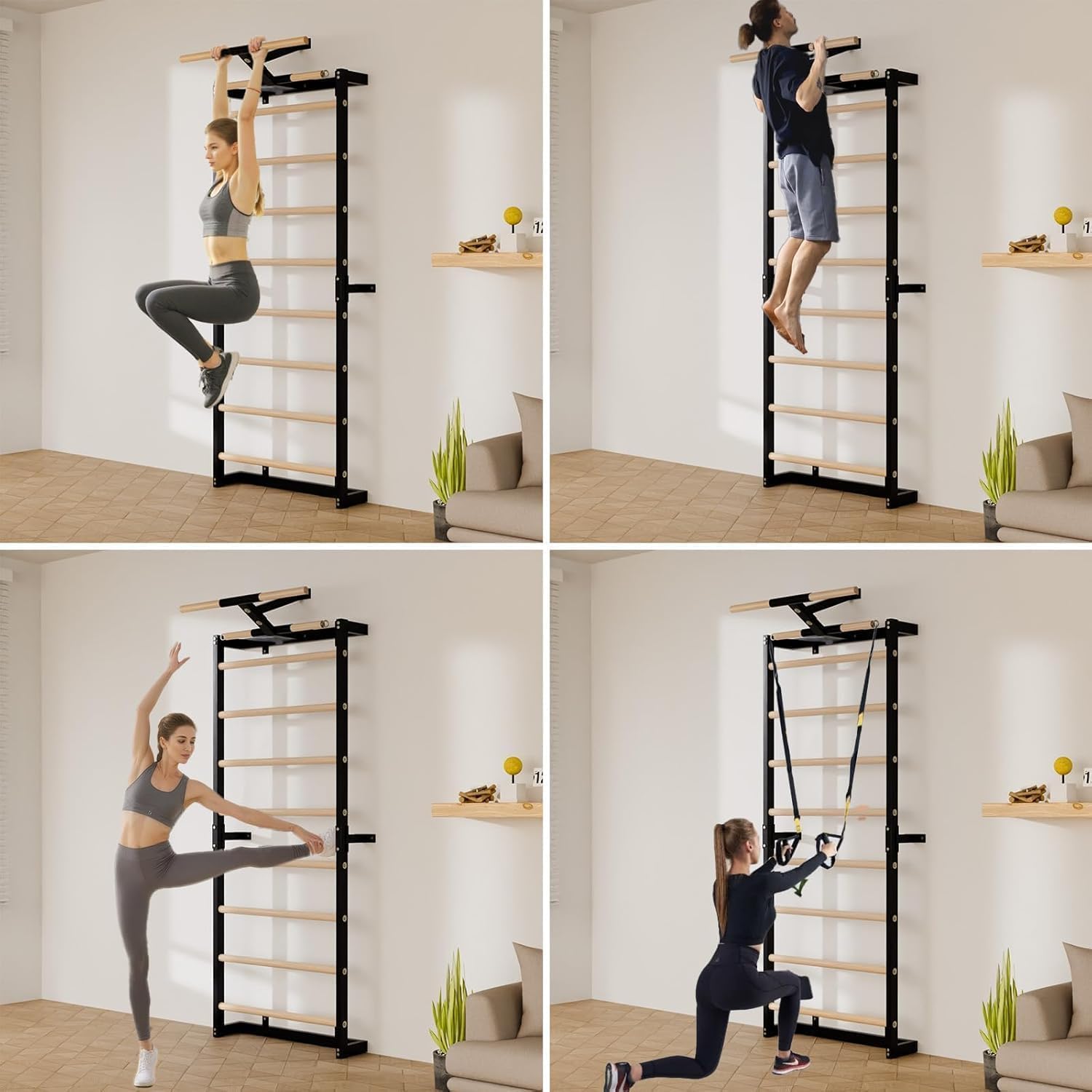 Swedish Ladder, Wood Stall Bars Suspension Trainer with Pull-Up Bar & Rings for Straps, Swedish ladders Wall Gym Adult, Wall-Mounted Workout Ladder for Home, Gym, School - Image 2