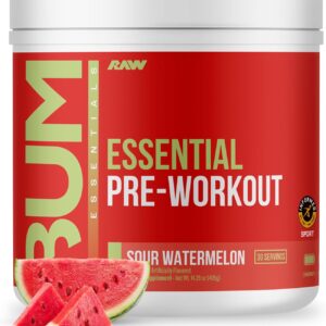 RAW Essential Pre-Workout Powder (Sour Watermelon) – Chris Bumstead Sports Nutrition Supplement for Men & Women – Preworkout Energy Powder with Caffeine, L-Citrulline, L-Tyrosine, & Beta Alanine Blend