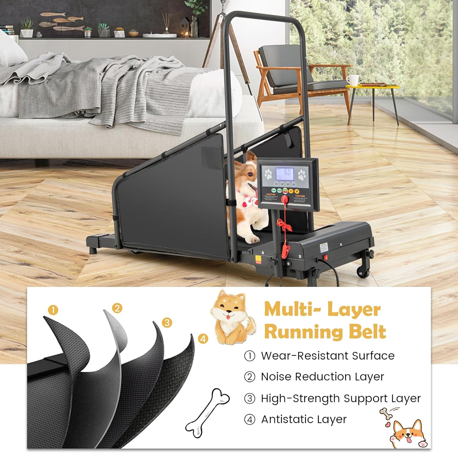 GYMAX Dog Treadmills for Small/Medium Dogs - 220 LBS Pet Runner with 65.5 FT Remote, Rotatable LCD Monitor, Adjustable Incline, 3 Countdown Modes & Wheels, Dog Running Machine for Indoor Exercise - Image 4