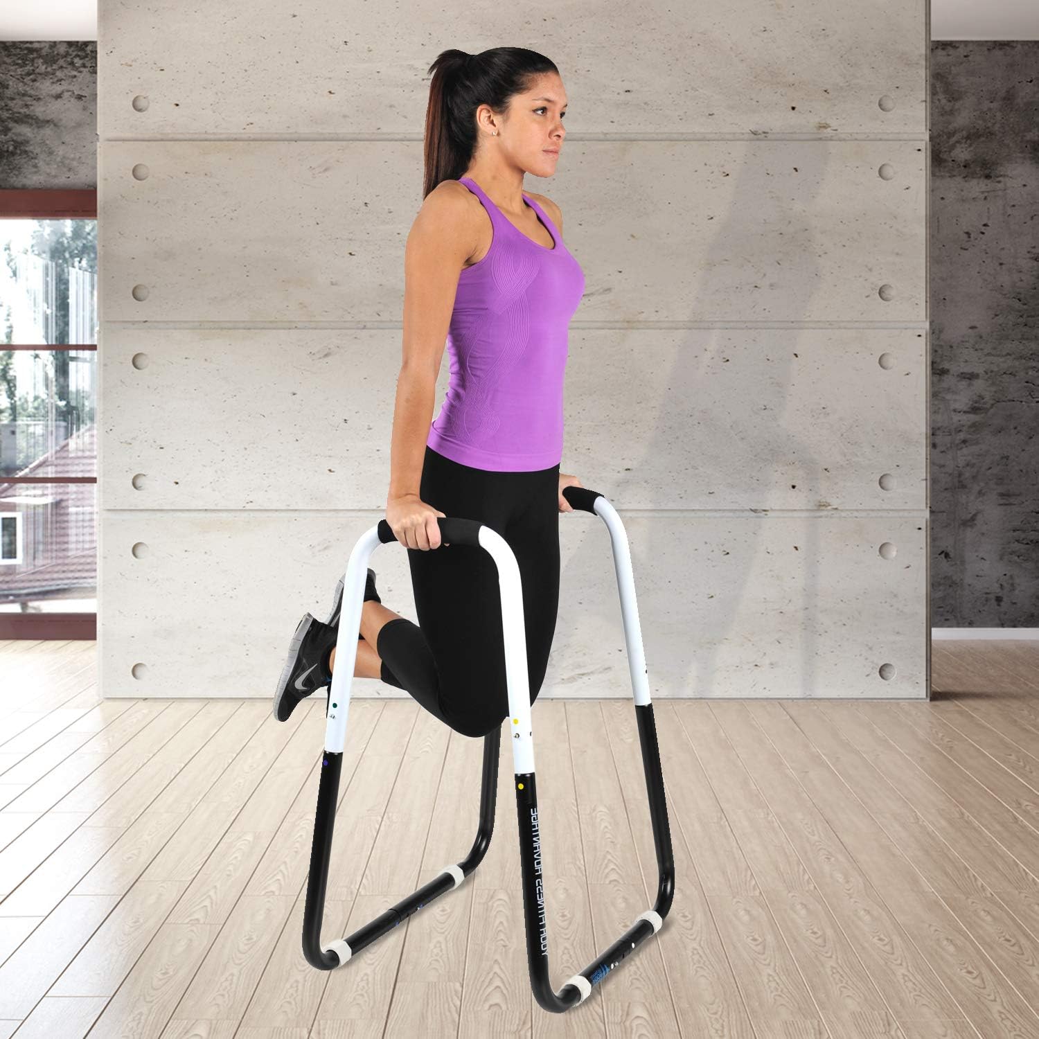 Ultimate Body Press Dip Bar Fitness Station - Adjustable Width Folding Dip Stand with Angled Grips, Stable Leveling and Easy Storage - Image 6