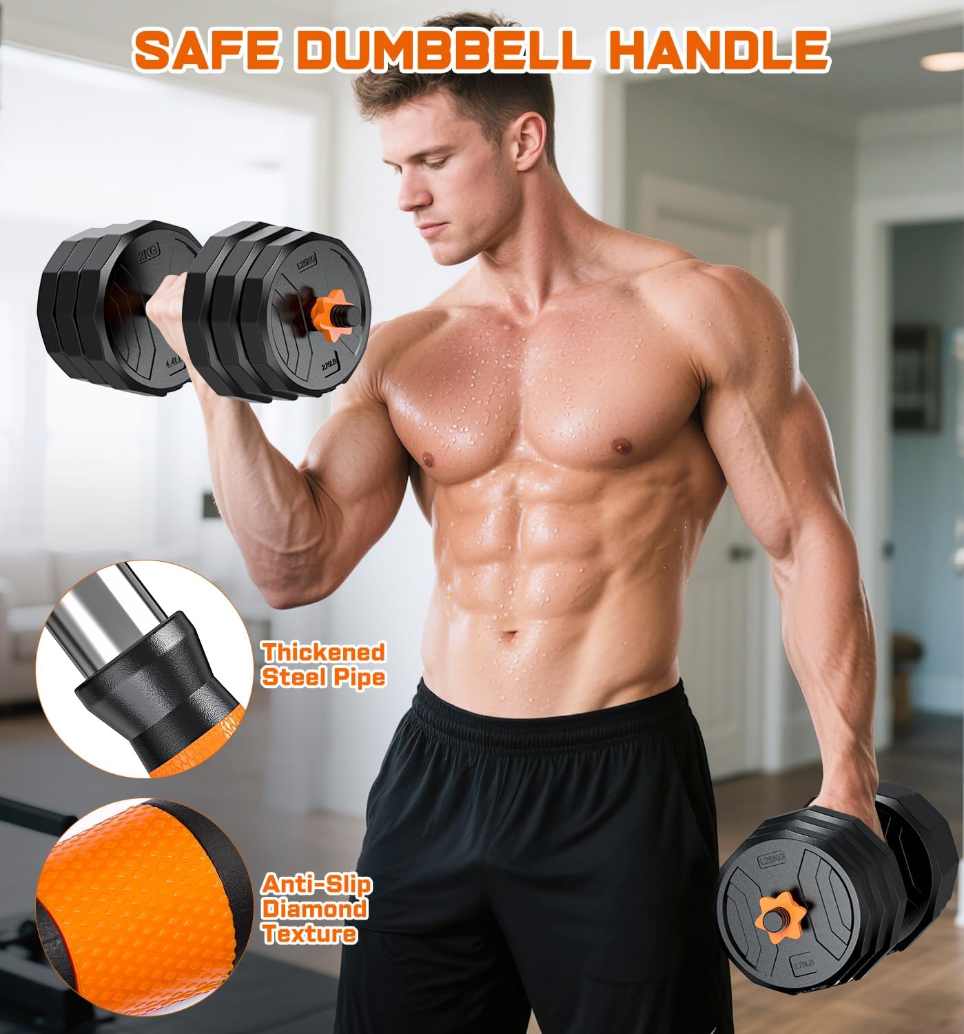 5-in-1 Adjustable Dumbbell Set, 33/44/66/88lbs Free Weights Set with Connector, Used as Kettlebells, Barbell, Push up Stand, Standard 1" Plates, Fitness Exercises for Home Gym Suitable Women/Men - Image 6