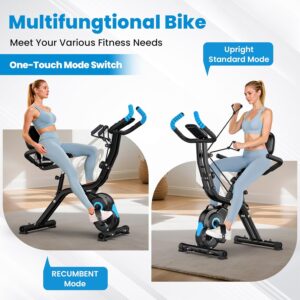Foldable Exercise Bike, Multifunctional Indoor Stationary Bikes for Home with 8-Level Magnetic Resistance, Quiet Workout Bike with Arm Resistance Bands, LCD Monitor, 300LBS Capacity (Blue)