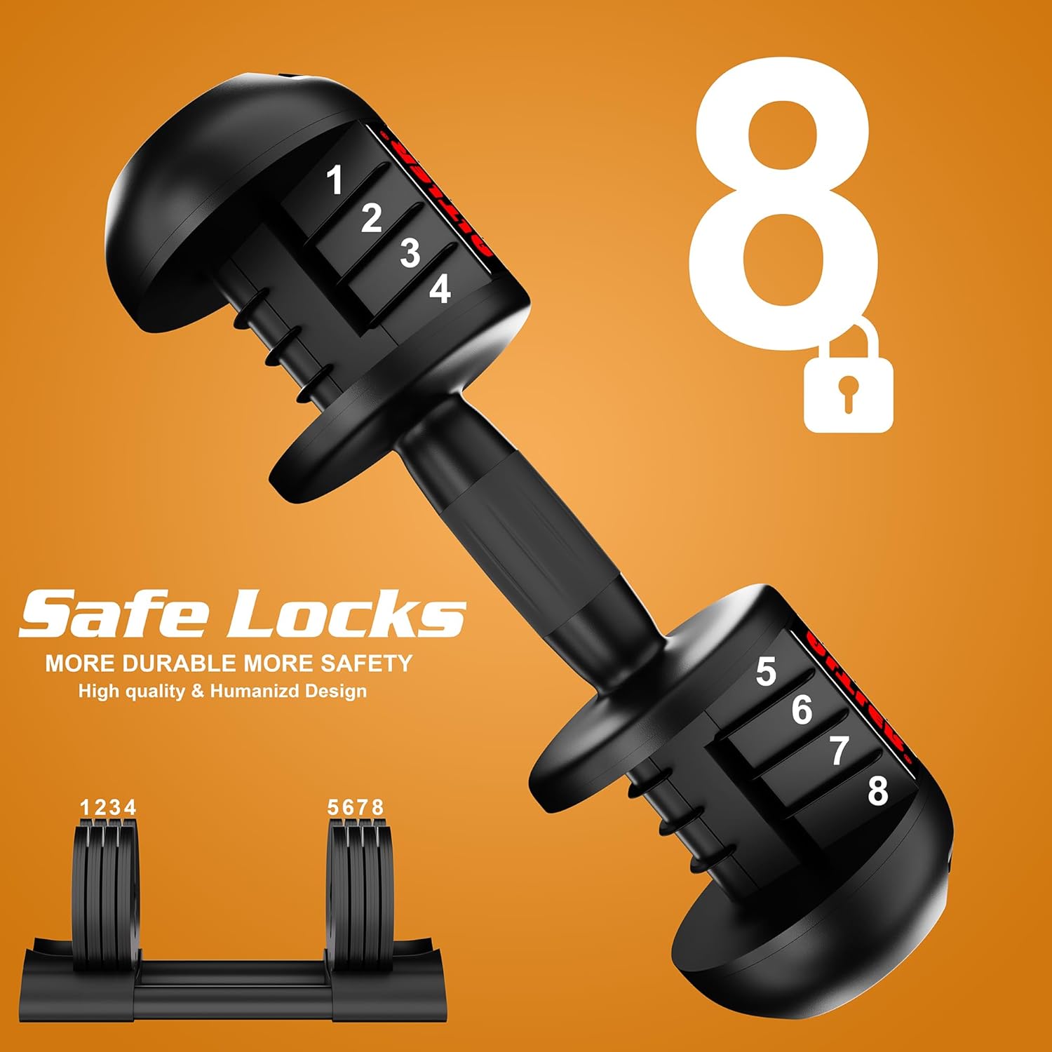 Adjustable Dumbbell,22LBS 44LBS 52LBS Dumbbell Set with Tray for Fitness, Fast Adjust Weight by Turning Anti-Slip Handle, Safety with 8 Lock Slots, Suitable for Men and Women - Image 6