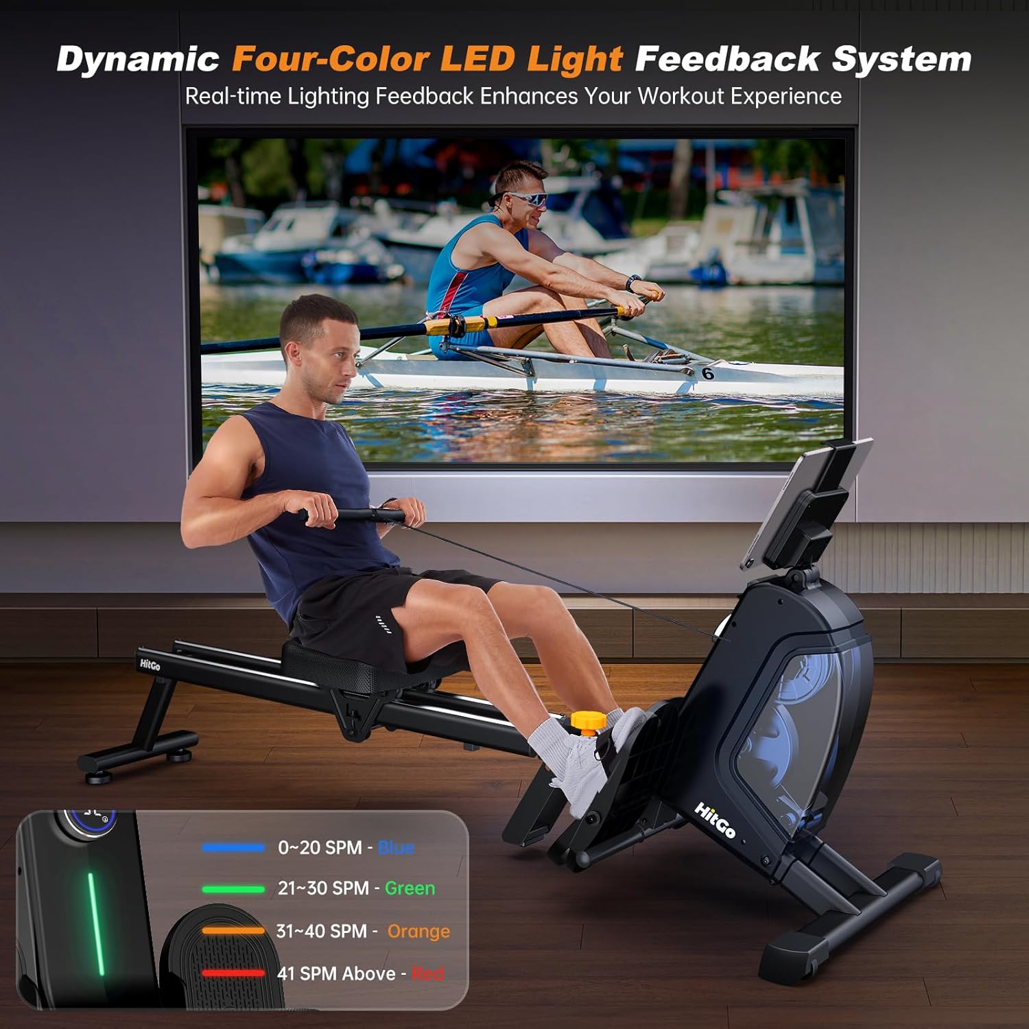 Magnetic Rowing Machine for Home Use, Foldable Rower with 32 Levels of Silent Resistance, LED Light Effects, Compact Dual Slide Rail, Max 350lb Capacity, Bluetooth & App Compatible - Image 3