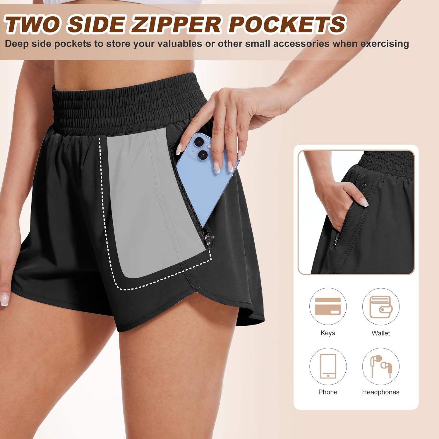 BALENNZ Women's Athletic Workout Shorts with Zipper Pockets Activewear Elastic Waist Gym Running Shorts - Image 3