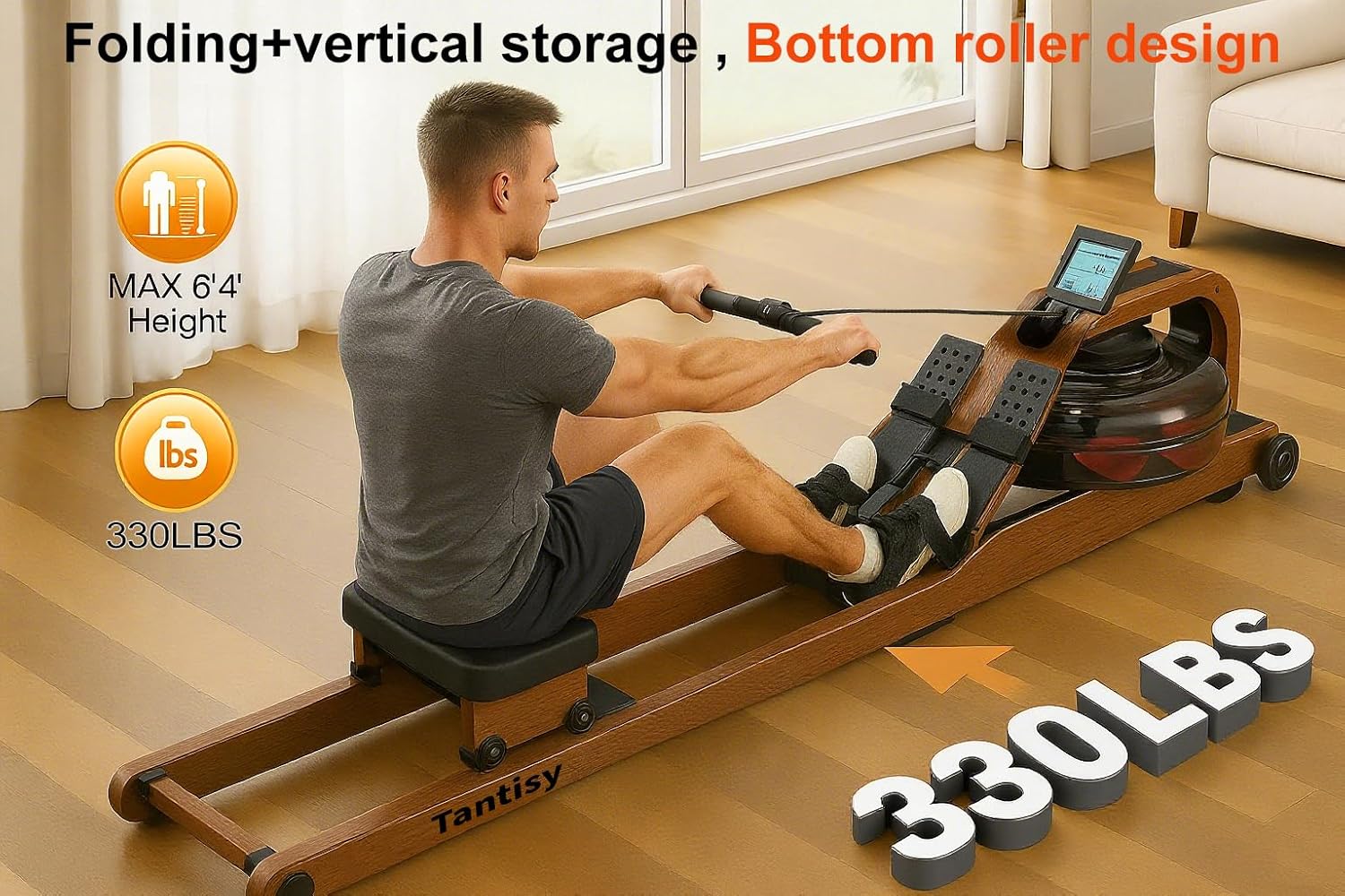 Foldable Rowing Machines for Home with Adjustable Large Water Tank & Comfortable Seat for Real Experience Immersive Water Rower, APP Link,Joint 0 Impact 330LBS Weight Capacity; - Image 8