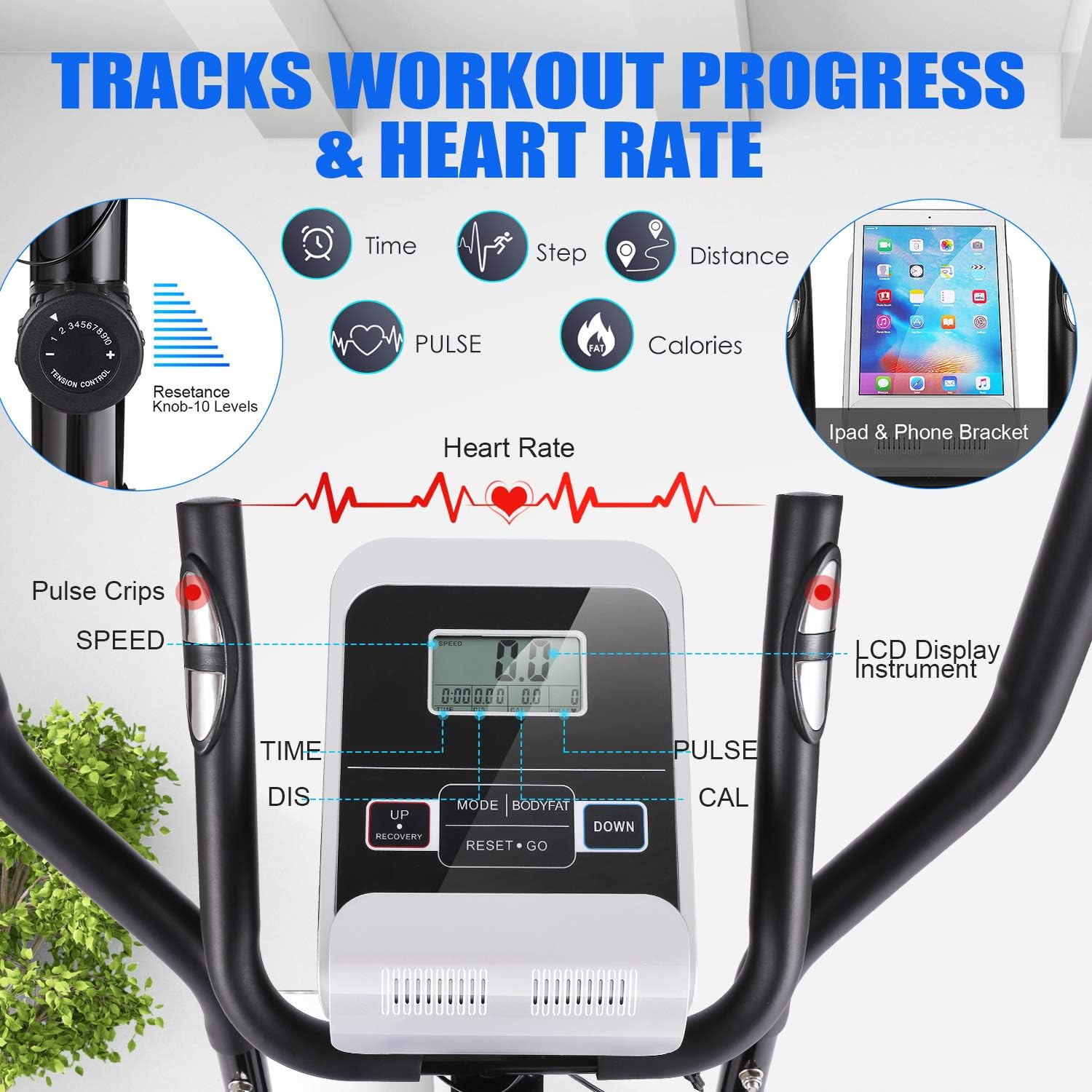 ANCHEER Elliptical Exercise Machine, Ultra-Silent Magnetic Elliptical Training Machines for Home Gym, 8 Resistance Levels Control with Pulse Rate Grips, LCD Monitor Max Capacity 380Lbs - Image 4