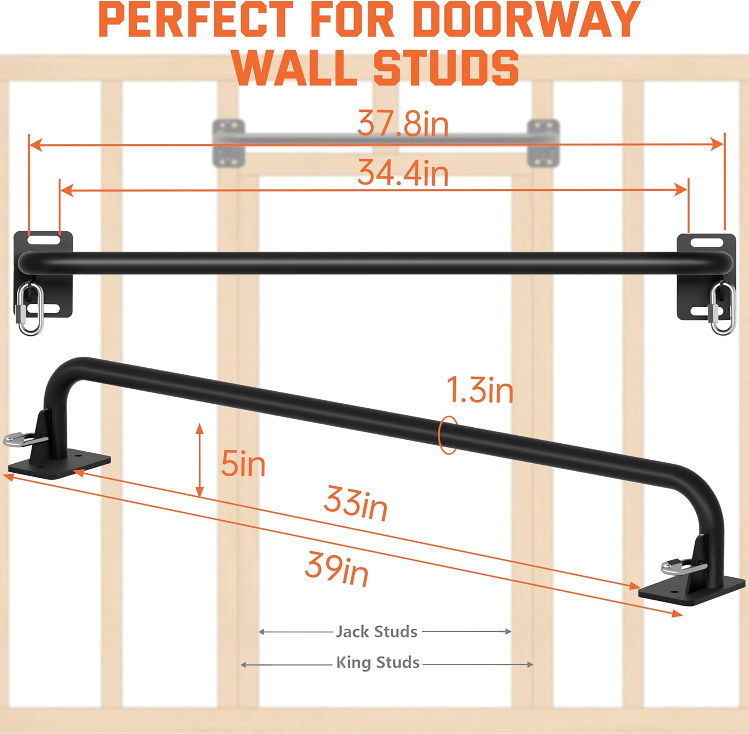 36" Heavy Duty Pull Up Bar Wall/Joist Mounted, 600 LB Capacity, Multi-Grip Bar for Garage & basement rafter Use - All-in-One Workout Station with Carabiners & Space-Saving Design - Image 3