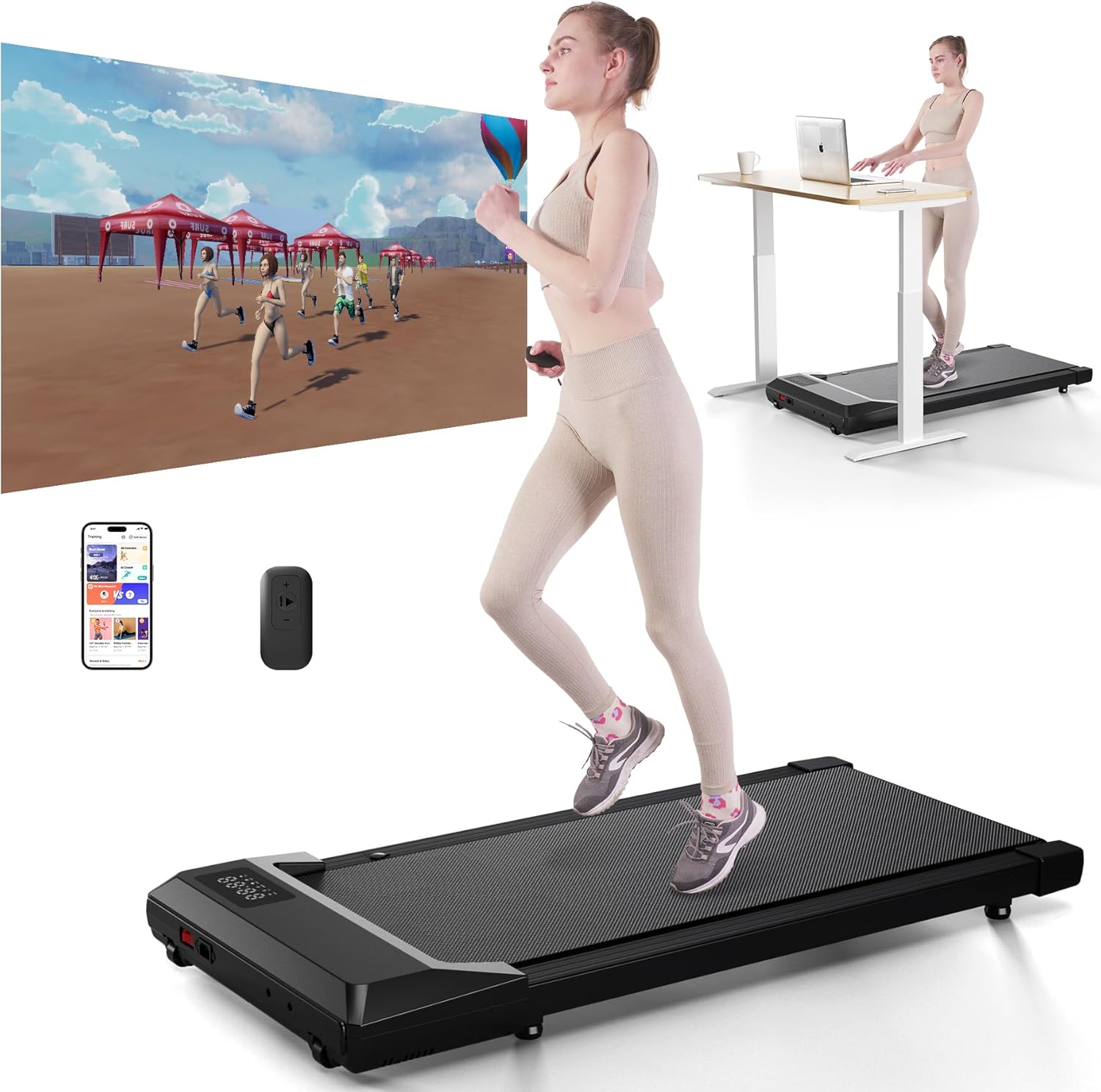 SupeRun Walking Pad, Under Desk Treadmill, 3 in 1 Portable Treadmill with Remote Control LED Display, 2.5 HP Quiet Walking Jogging Machine for Office Home Use, 300 Lbs Capacity