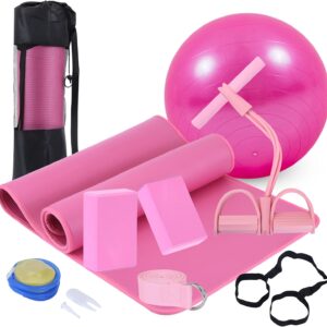 Yoga Mat Set for Beginners,Yoga Mat with Carrying Strap,Yoga Blocks 2 Pack with Yoga Strap,Yoga Ball,Ankle Puller,11-Piece Yoga Kits and Sets for Beginners,Yoga Starter Kit for Women Men