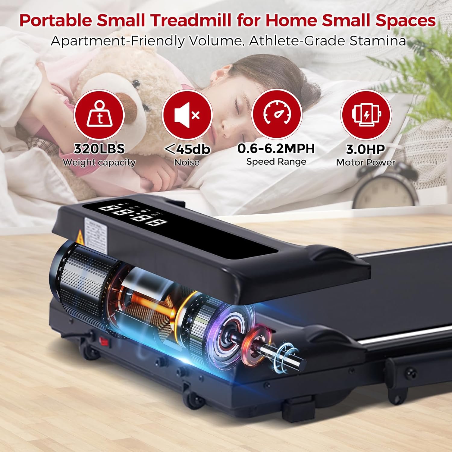 Treadmill with Handles for Home Small, 3.0HP Electric Compact Walking Pad Treadmills with Handle Bar, 0.6-6.2MPH Portable Under Desk Treadmill Home for Small Space, 320LBS - Image 6