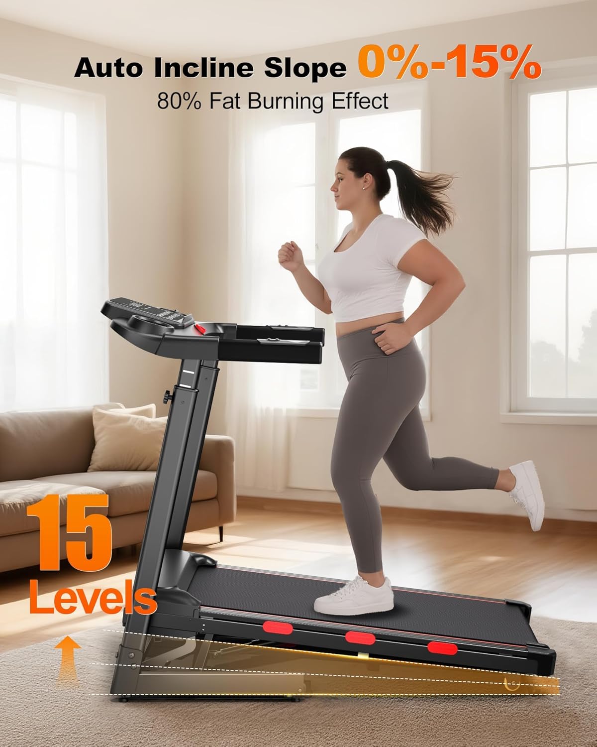 Treadmill for Home with Auto 15% Incline, 4.0HP Brushless Treadmills with Handrail, Folding Treadmill with 400 lbs Capacity, Double Cushioned Running Machine for Small Space with Smart APP - Image 2