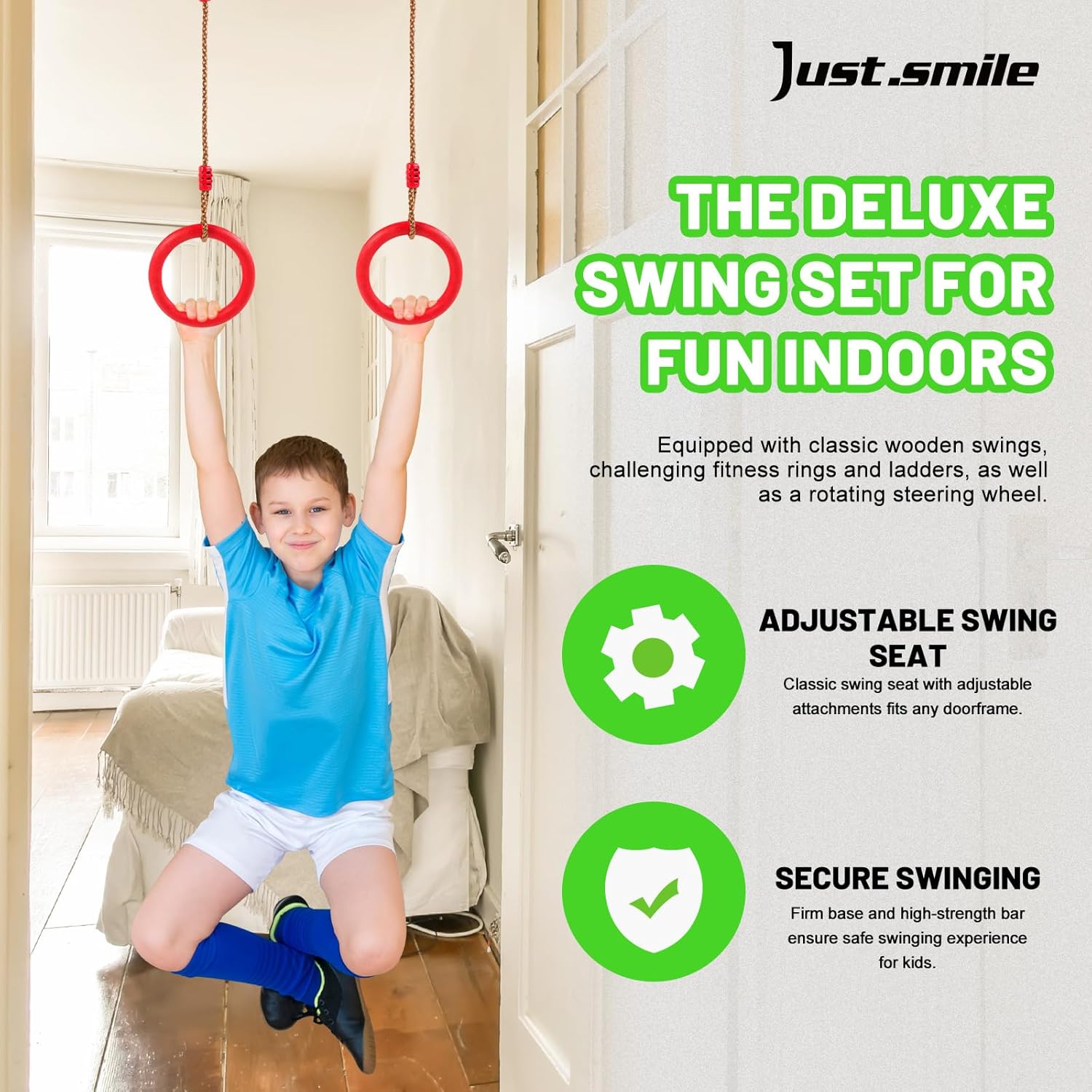 Doorway Swing for Kids & Door Pull Up Bar for Adults - Indoor Kid Swing with 4pcs Accessories - Multi-Function Doorway Gym for Family Fitness & Play (Green) - Image 4