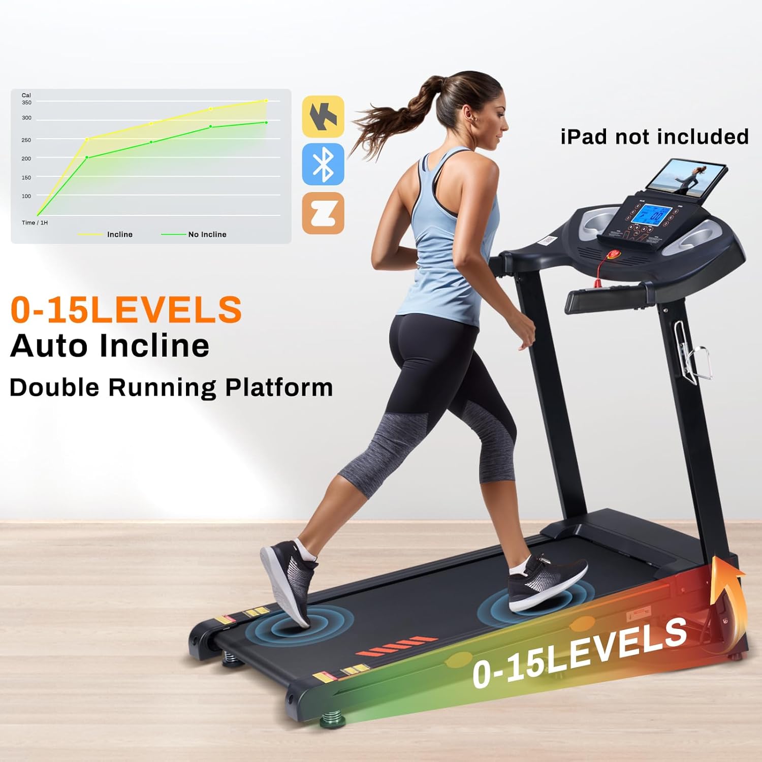 Treadmill with 15% Auto Incline, 3.0 HP Treadmills for Home with 18" Wide Running Belt, 0.5-10 MPH Speed, 300 LB Capacity, Shock Absorption, App Bluetooth - Image 6